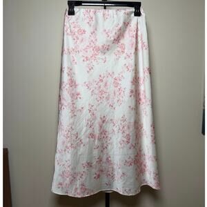 Pink and White Rose Floral Midi Skirt Satin Size Medium